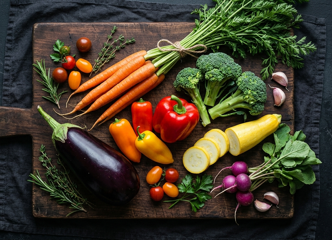 Varietà di verdure colorate fresche disposte artisticamente su un tagliere in legno