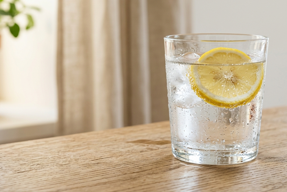Bicchiere d'acqua fresca con limone su un tavolo di legno in una cucina luminosa
